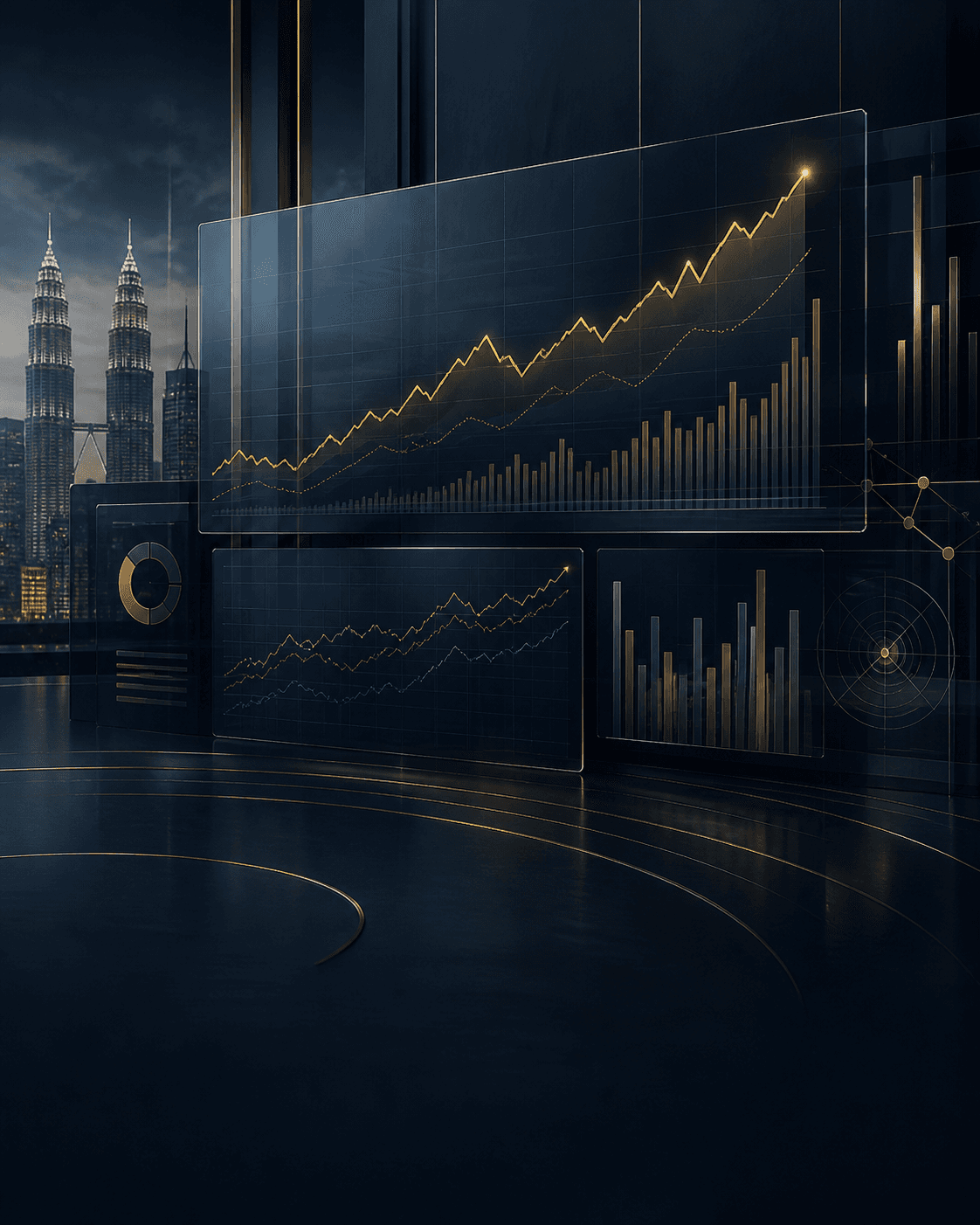 Illustrative financial growth charts in a premium Kuala Lumpur corporate setting
